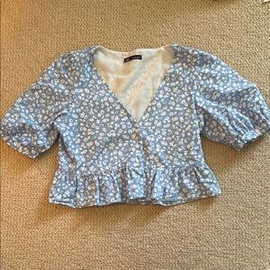 Zara Blue and White Puff Sleeve Wrap Peplum Blouse